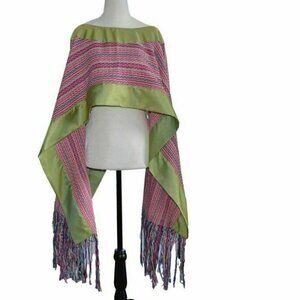 Mexican Shawl Handwoven Poncho Pink & Green OS